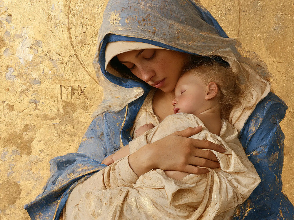 the Virgin Mary with the Child Jesus in Sacred Gold style, landscape Christian artwork no. 2