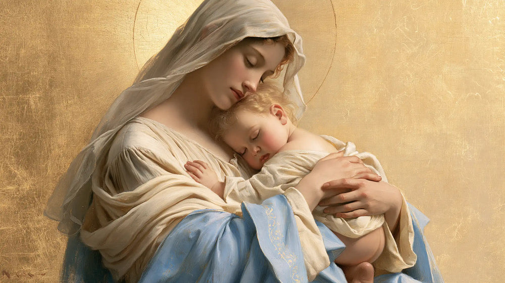 the Virgin Mary with the Child Jesus in Sacred Gold style, landscape Christian artwork no. 9