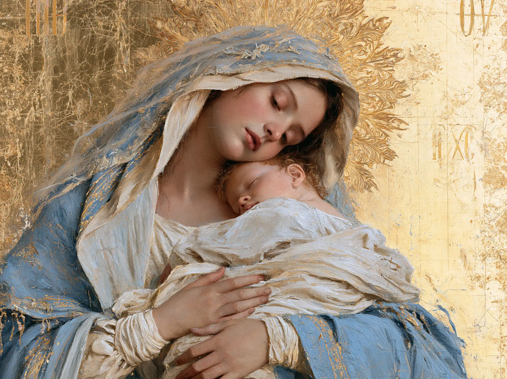 the Virgin Mary with the Child Jesus in Sacred Gold style, landscape Christian artwork no. 10