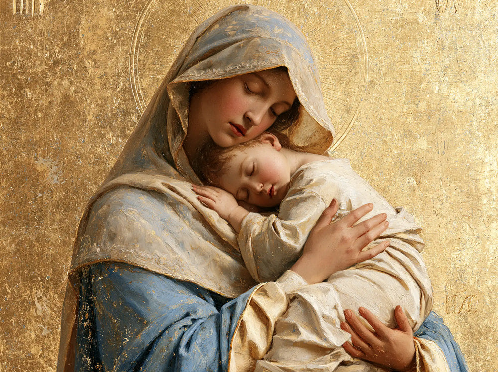 the Virgin Mary with the Child Jesus in Sacred Gold style, landscape Christian artwork no. 12