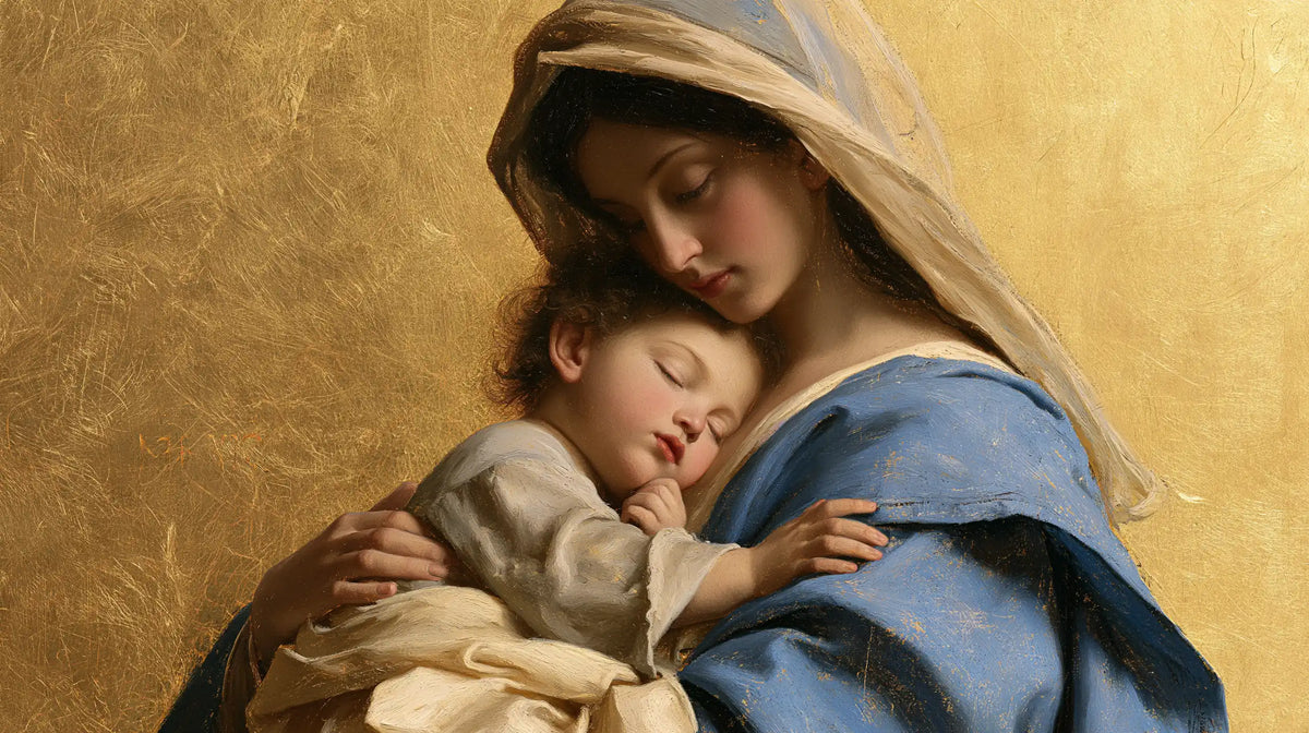 the Virgin Mary with the Child Jesus in Sacred Gold style, landscape Christian artwork no. 19