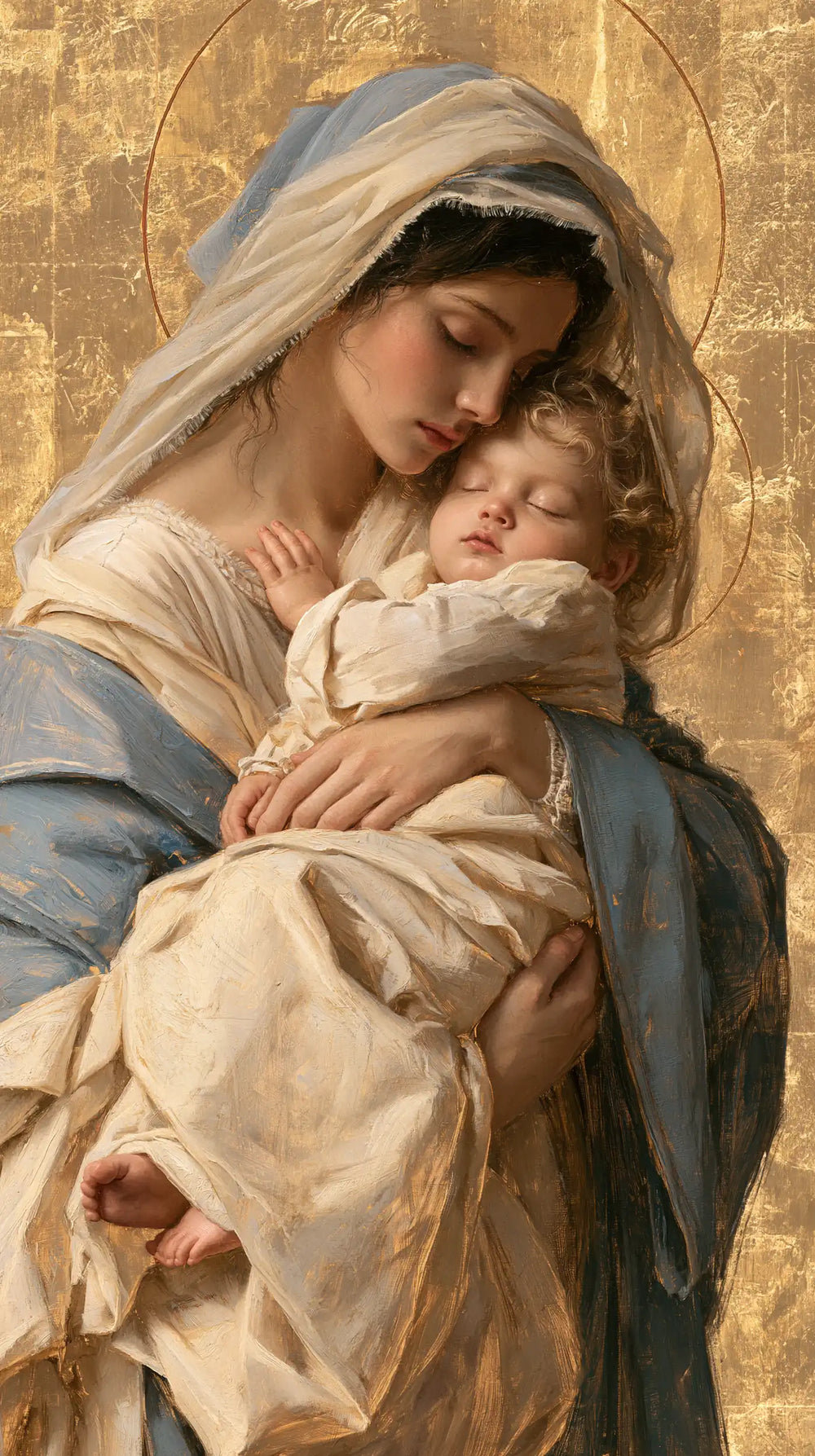 the Virgin Mary with the Child Jesus in Sacred Gold style, portrait Christian artwork no. 16