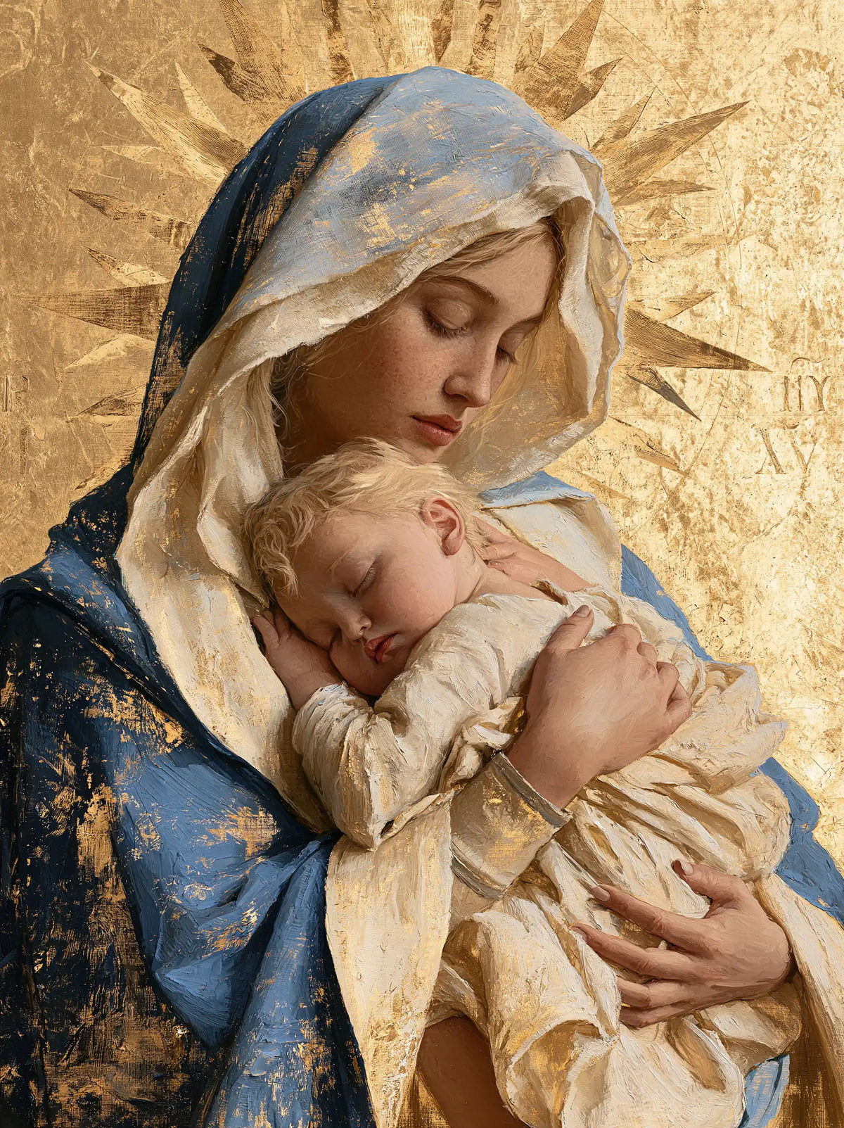 the Virgin Mary with the Child Jesus in Sacred Gold style, portrait Christian artwork no. 17