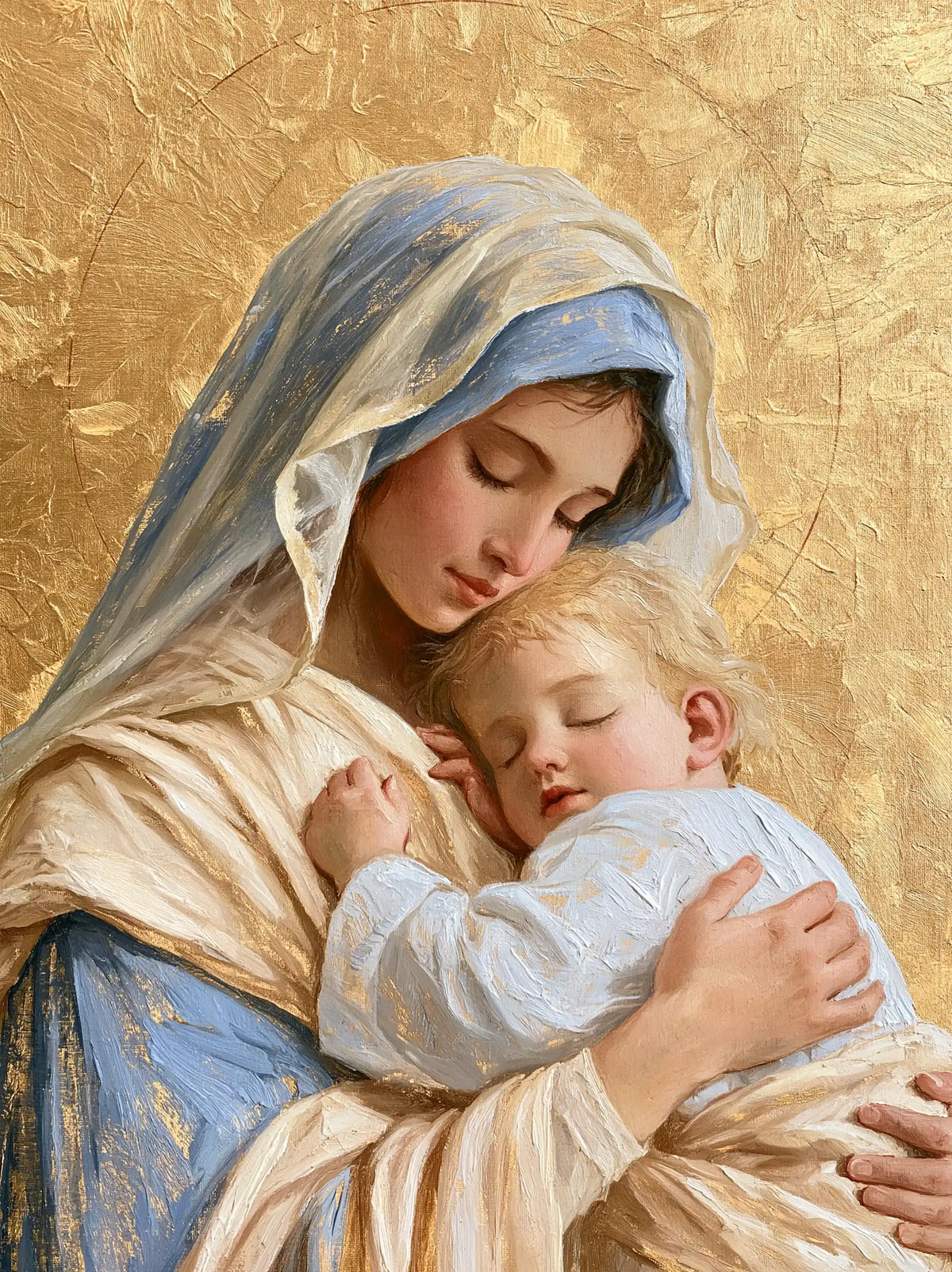 the Virgin Mary with the Child Jesus in Sacred Gold style, portrait Christian artwork no. 18
