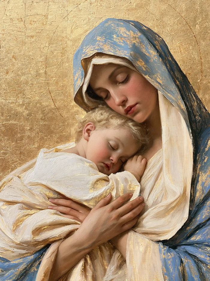 The Virgin and Child — Rest Within the Curve of Ivory and Blue