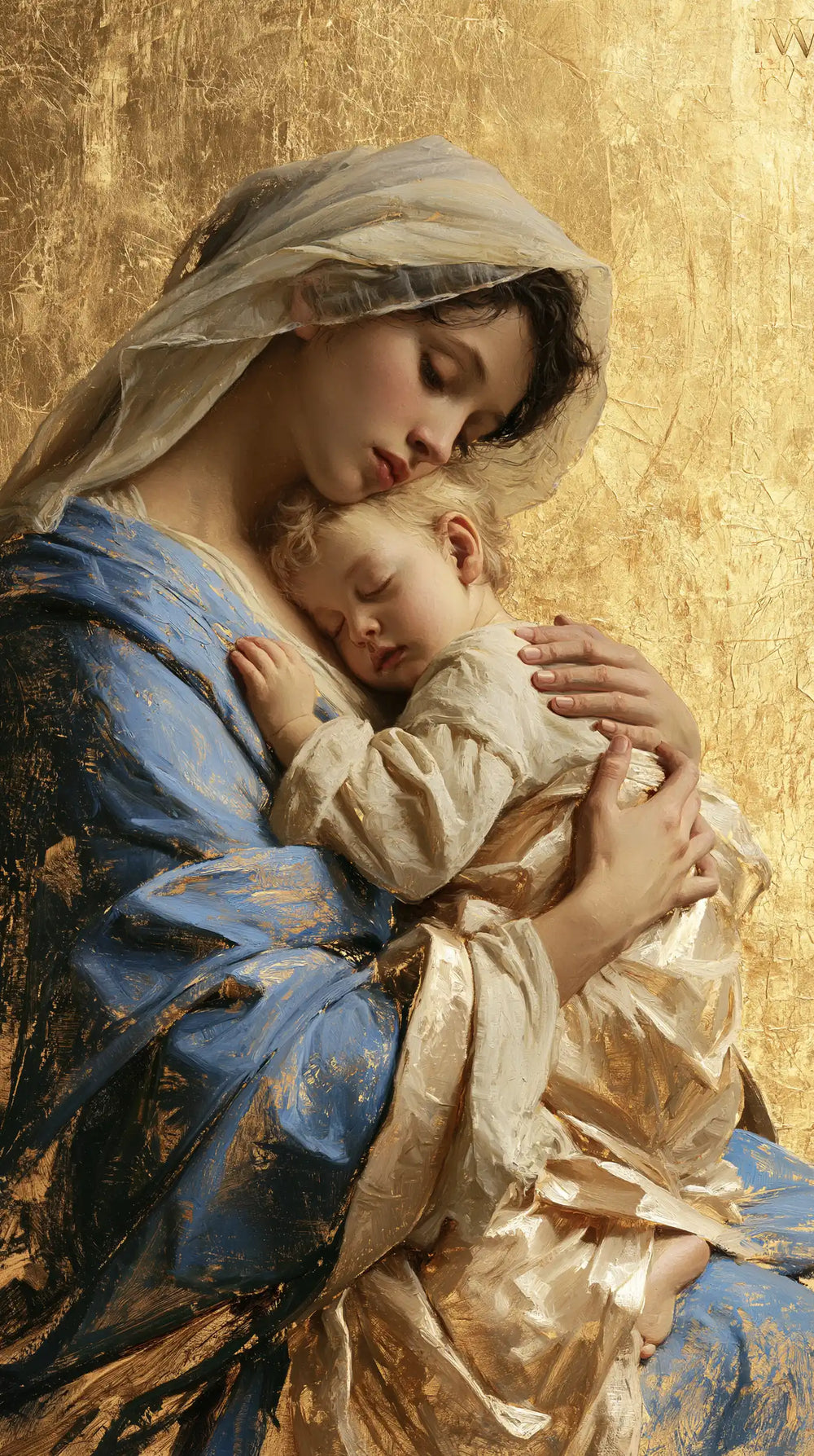 the Virgin Mary with the Child Jesus in Sacred Gold style, portrait Christian artwork no. 29