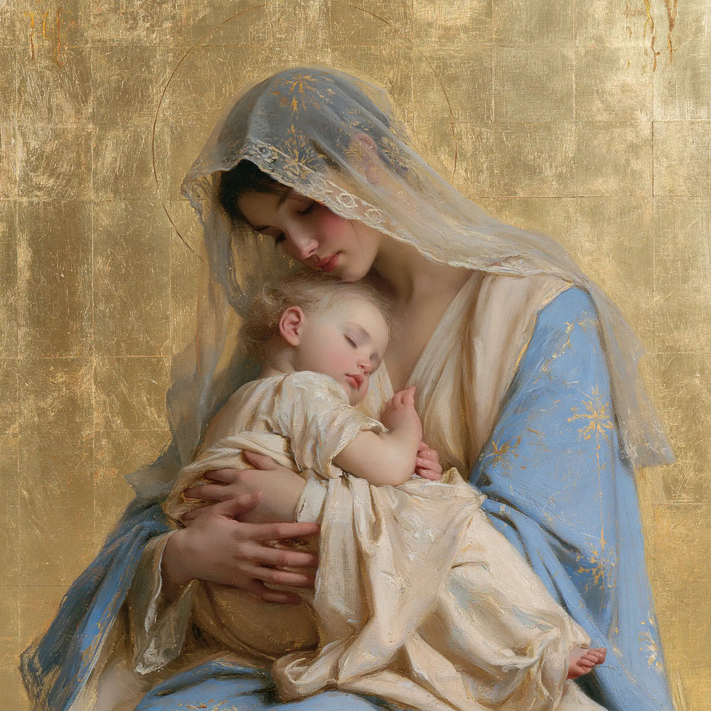 the Virgin Mary with the Child Jesus in Sacred Gold style, square Christian artwork no. 1