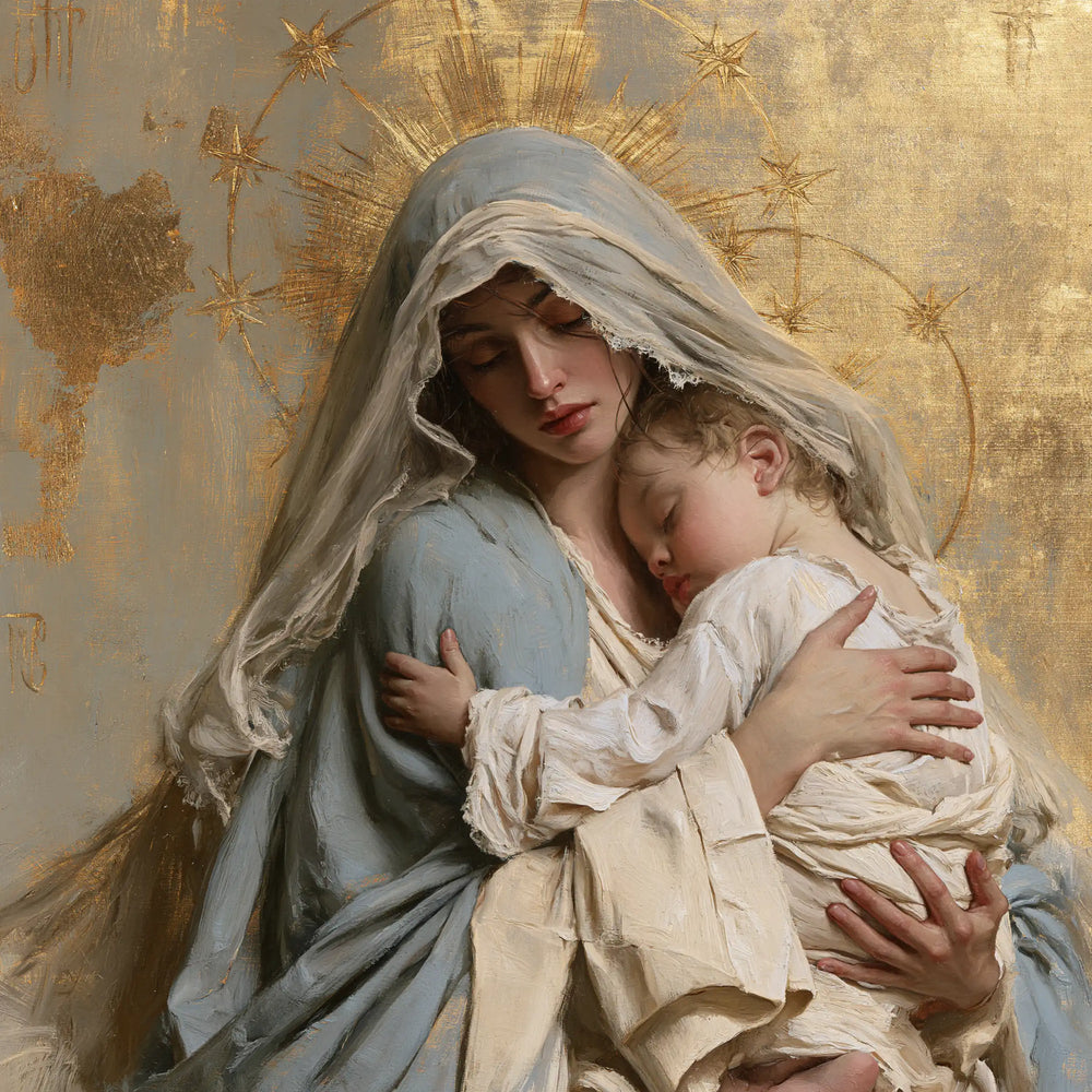 the Virgin Mary with the Child Jesus in Sacred Gold style, square Christian artwork no. 3