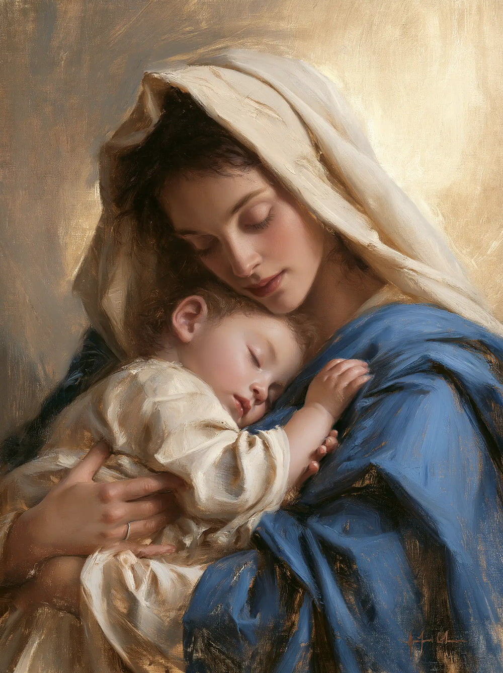 the Virgin Mary sharing a tender moment with the Child Jesus in Sacred Maternal Tenderness style, portrait Christian artwork no. 9