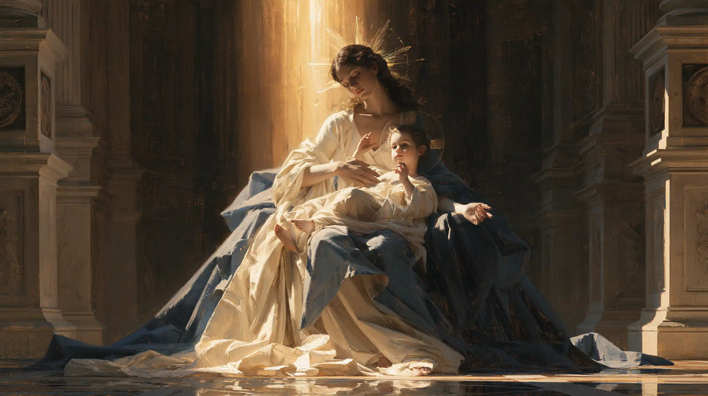 the Virgin Mary and the Child Jesus in a majestic composition in Sacred Monumental View style, landscape Christian artwork no. 11