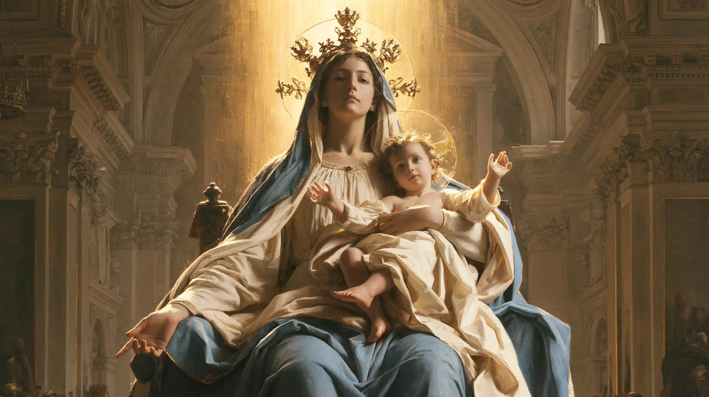the Virgin Mary and the Child Jesus in a majestic composition in Sacred Monumental View style, landscape Christian artwork no. 12