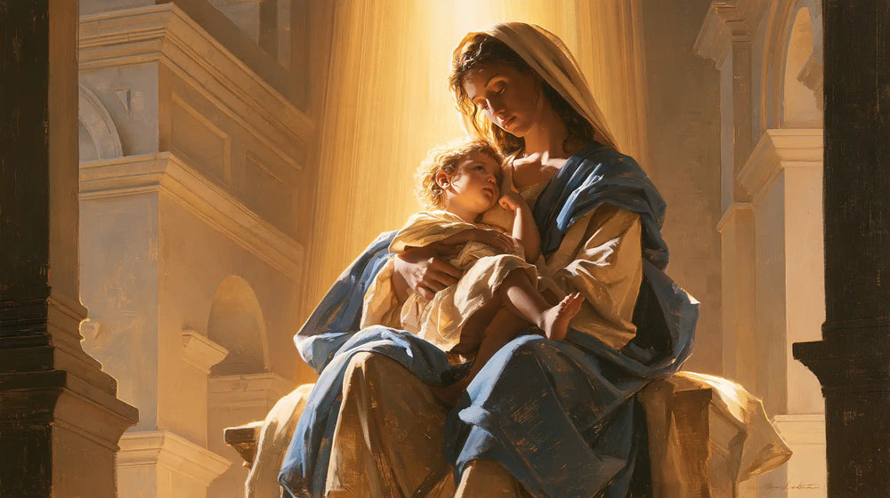 the Virgin Mary and the Child Jesus in a majestic composition in Sacred Monumental View style, landscape Christian artwork no. 13
