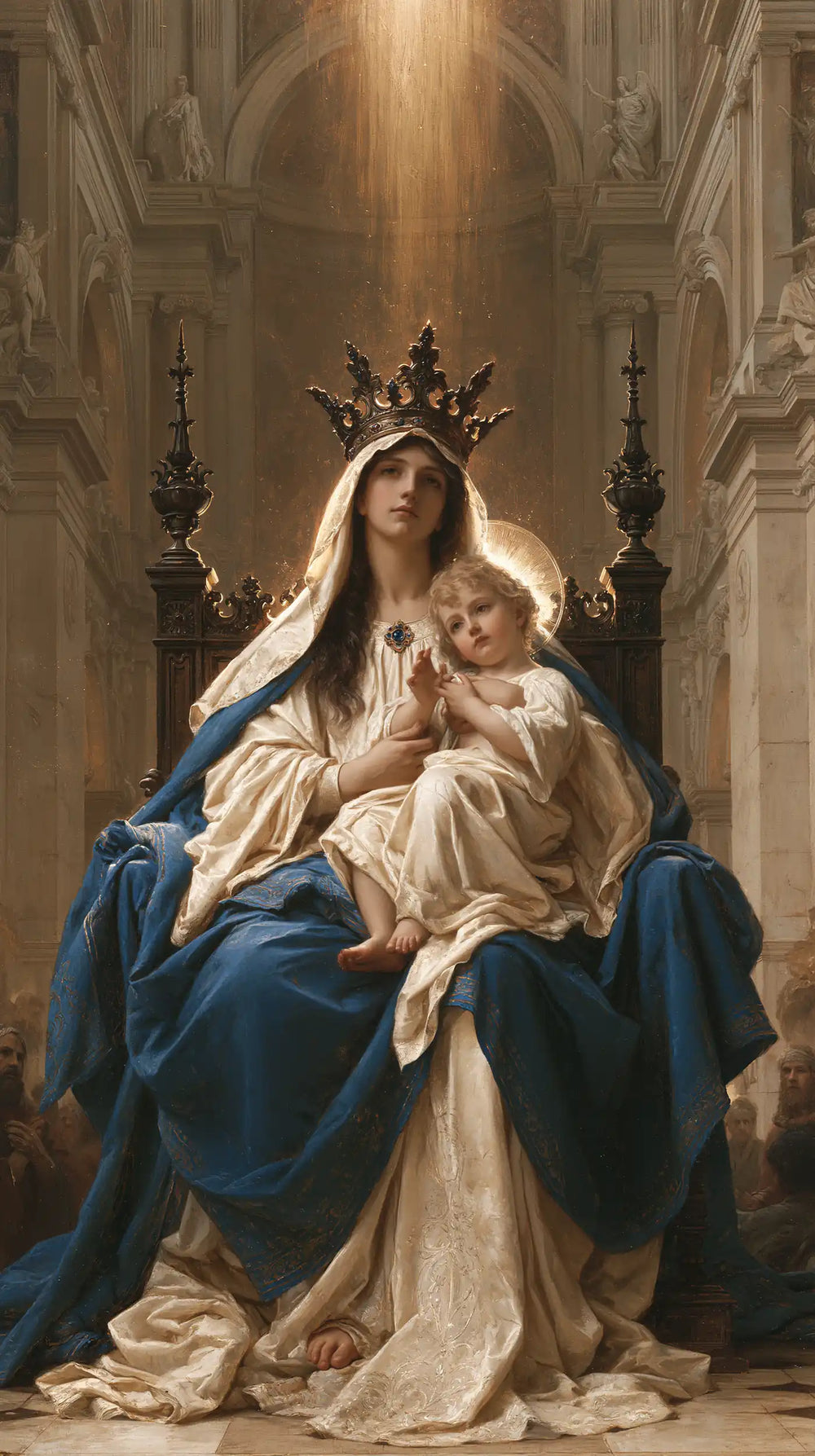 the Virgin Mary and the Child Jesus in a majestic composition in Sacred Monumental View style, portrait Christian artwork no. 1
