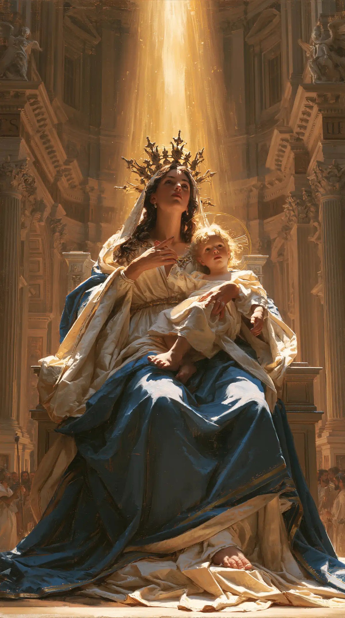 the Virgin Mary and the Child Jesus in a majestic composition in Sacred Monumental View style, portrait Christian artwork no. 2