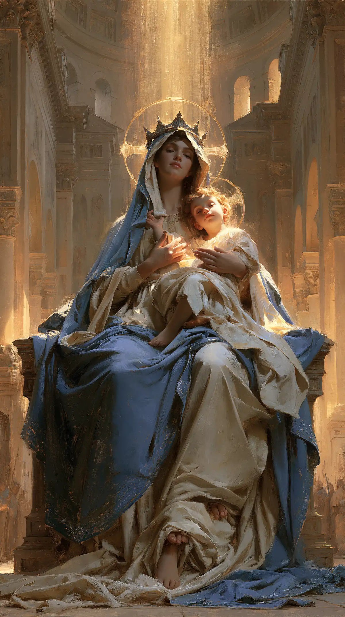 the Virgin Mary and the Child Jesus in a majestic composition in Sacred Monumental View style, portrait Christian artwork no. 6