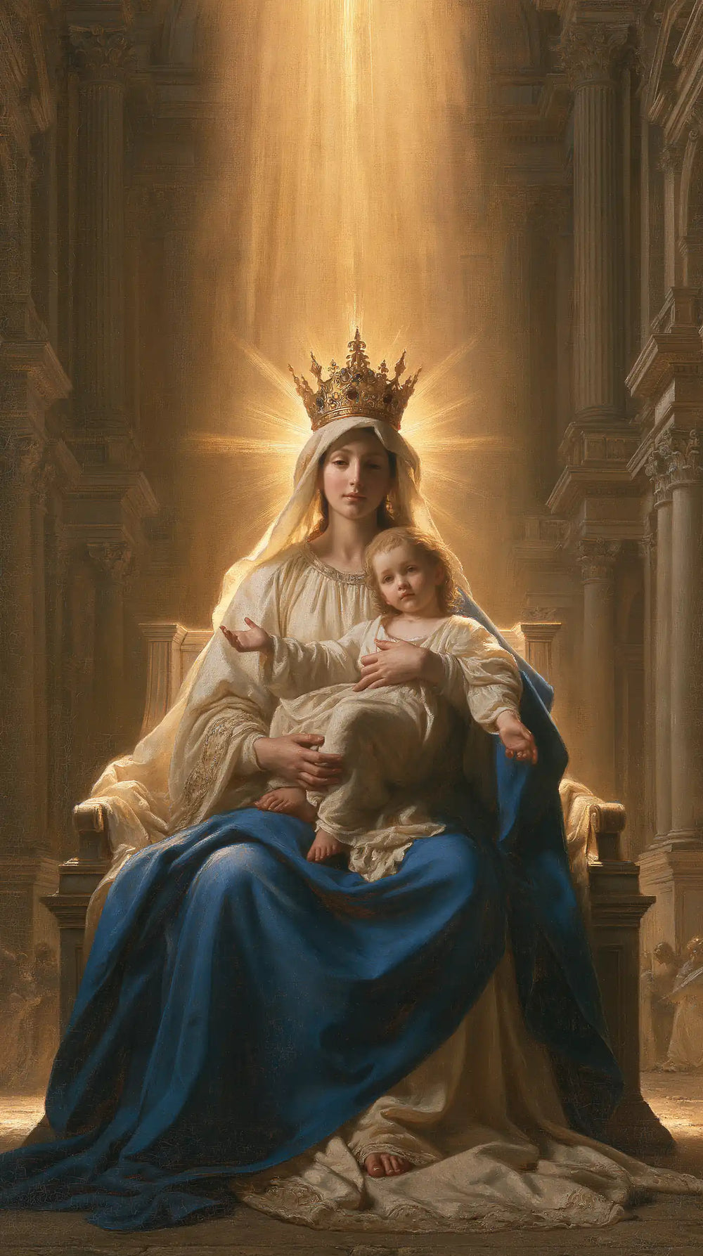 the Virgin Mary and the Child Jesus in a majestic composition in Sacred Monumental View style, portrait Christian artwork no. 10
