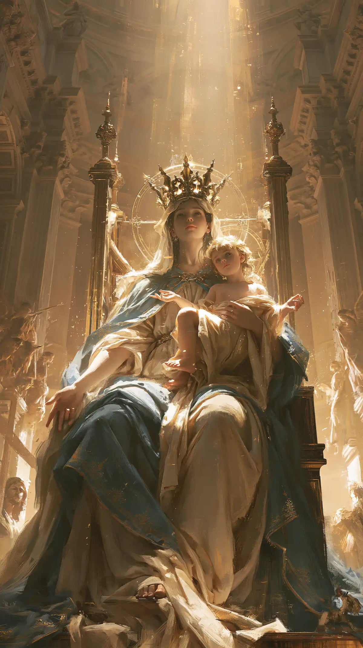 the Virgin Mary and the Child Jesus in a majestic composition in Sacred Monumental View style, portrait Christian artwork no. 20
