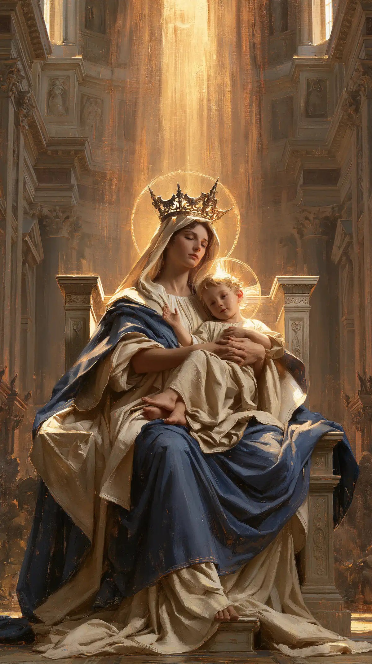 the Virgin Mary and the Child Jesus in a majestic composition in Sacred Monumental View style, portrait Christian artwork no. 21