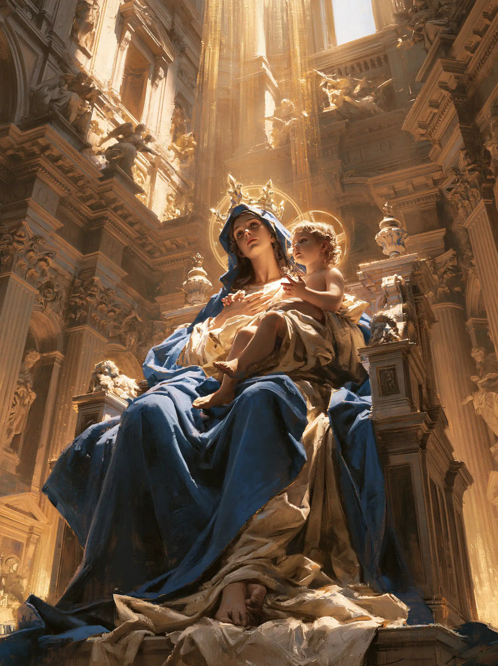 the Virgin Mary and the Child Jesus in a majestic composition in Sacred Monumental View style, portrait Christian artwork no. 25