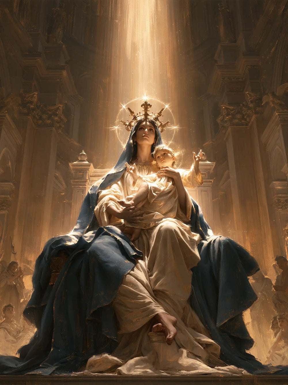 the Virgin Mary and the Child Jesus in a majestic composition in Sacred Monumental View style, portrait Christian artwork no. 27
