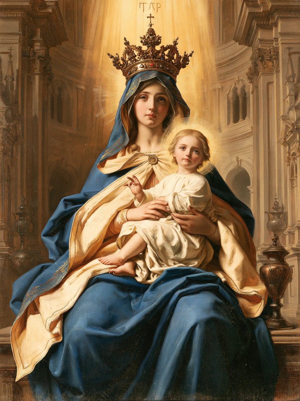 the Virgin Mary and the Child Jesus in a majestic composition in Sacred Monumental View style, portrait Christian artwork no. 29