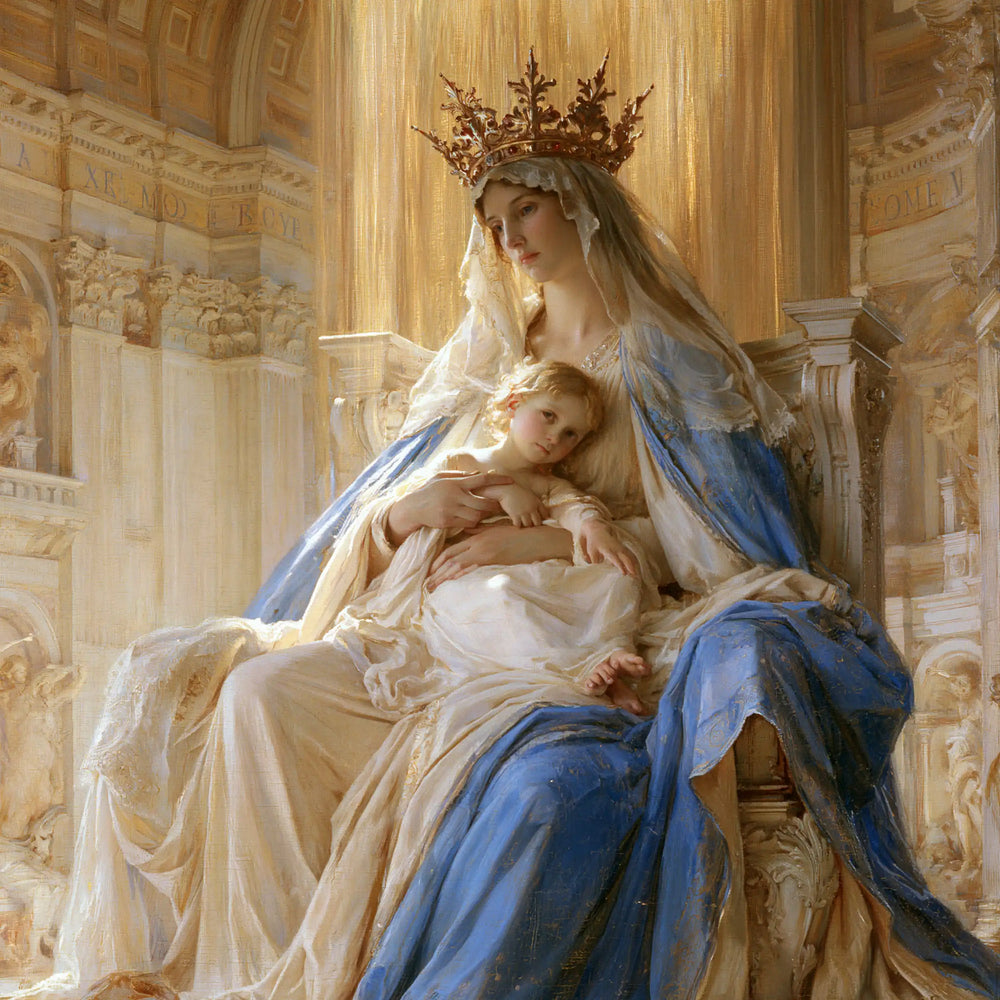 the Virgin Mary and the Child Jesus in a majestic composition in Sacred Monumental View style, square Christian artwork no. 6