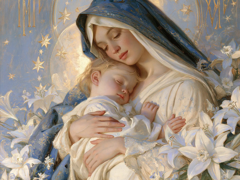 the Virgin Mary and the Child Jesus in Symbolist style, landscape Christian artwork no. 3