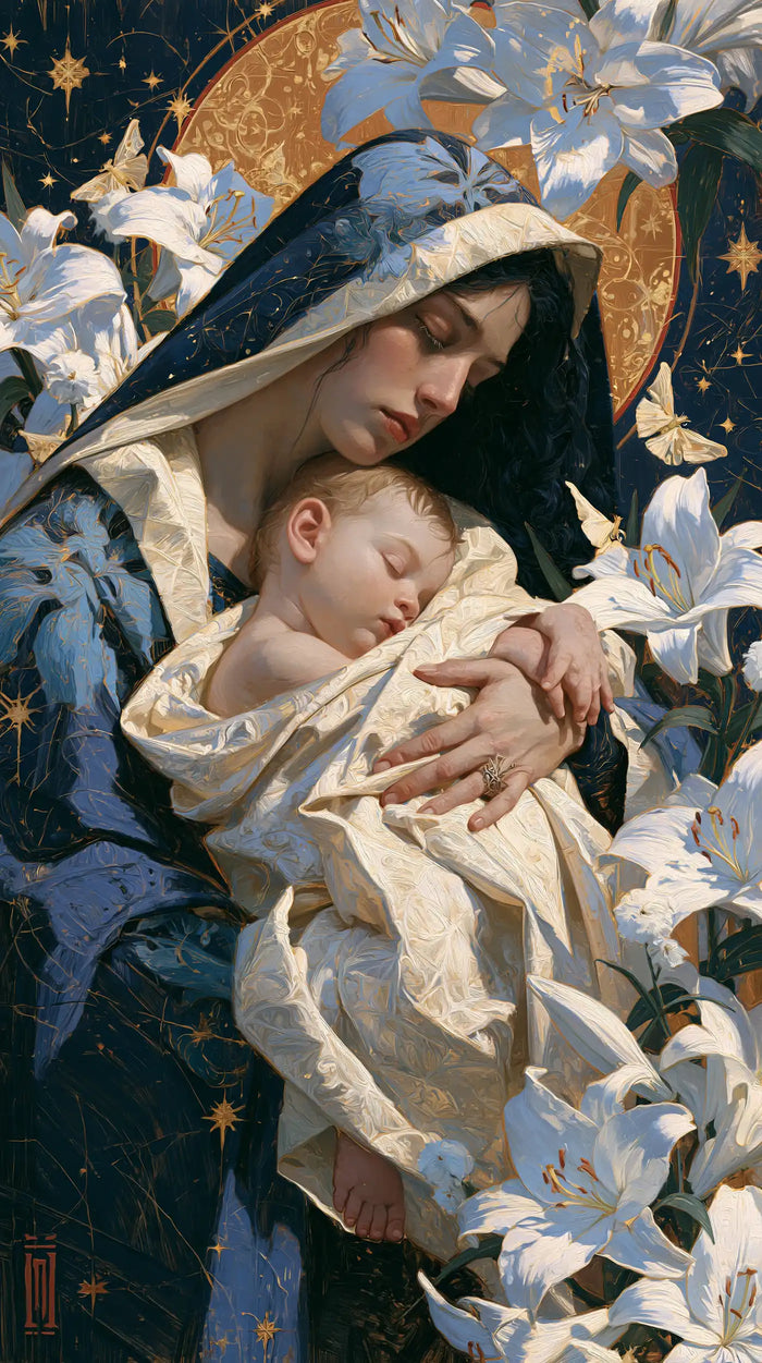 The Virgin and Child — The Cradle Behind a Curtain of Lilies
