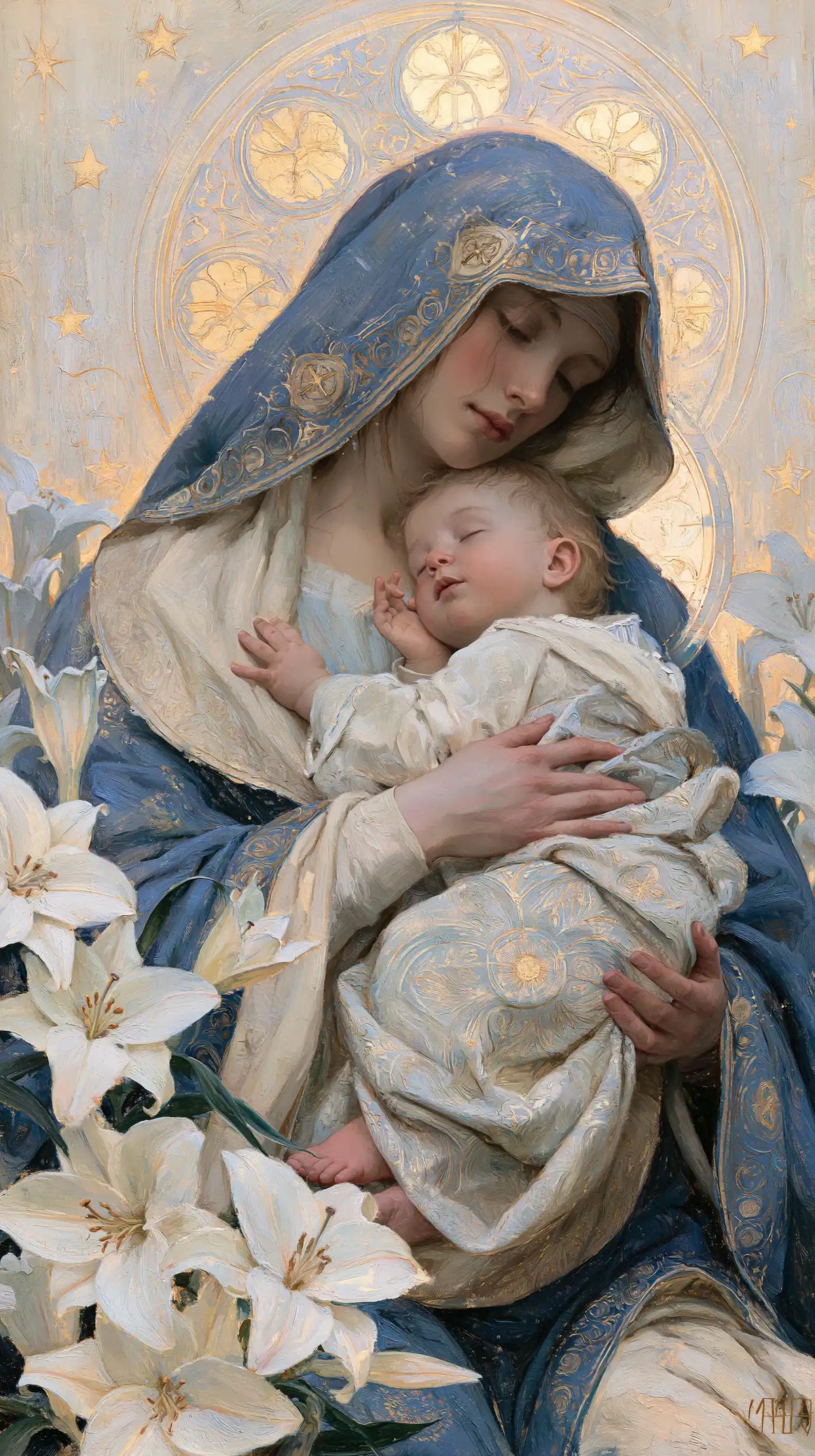 the Virgin Mary and the Child Jesus in Symbolist style, portrait Christian artwork no. 13