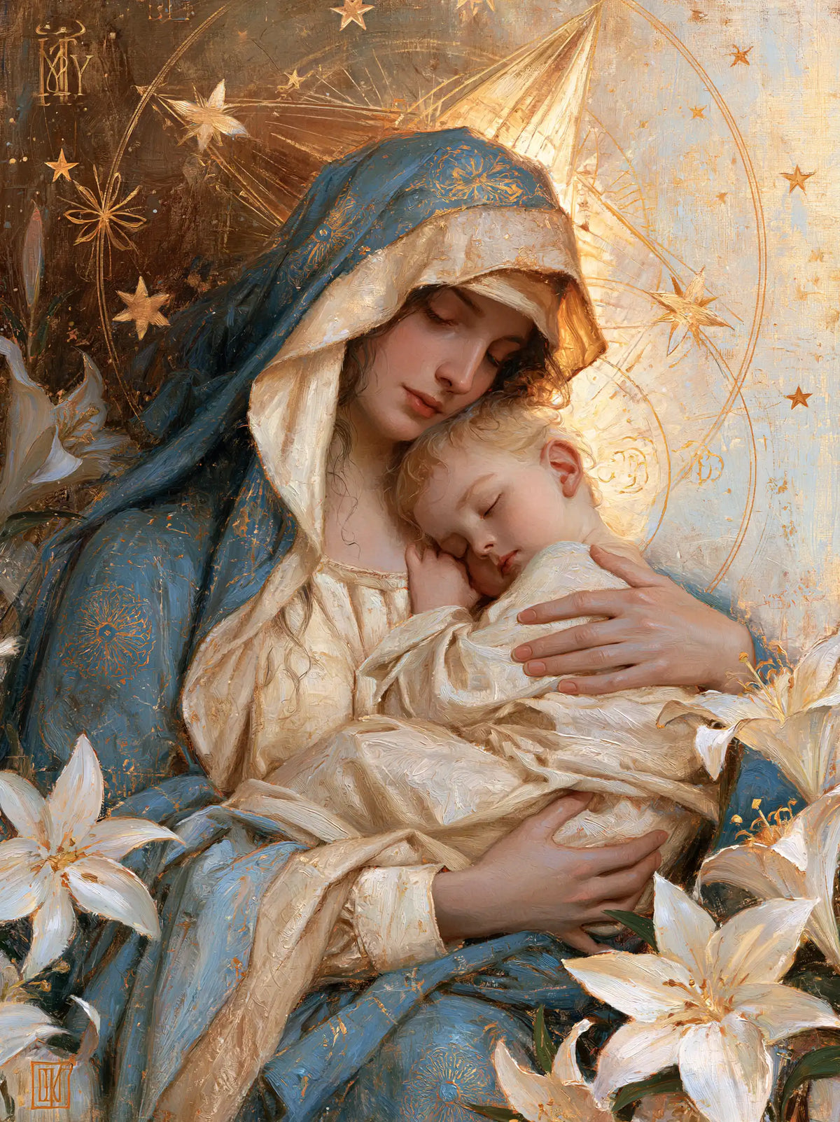 the Virgin Mary and the Child Jesus in Symbolist style, portrait Christian artwork no. 18