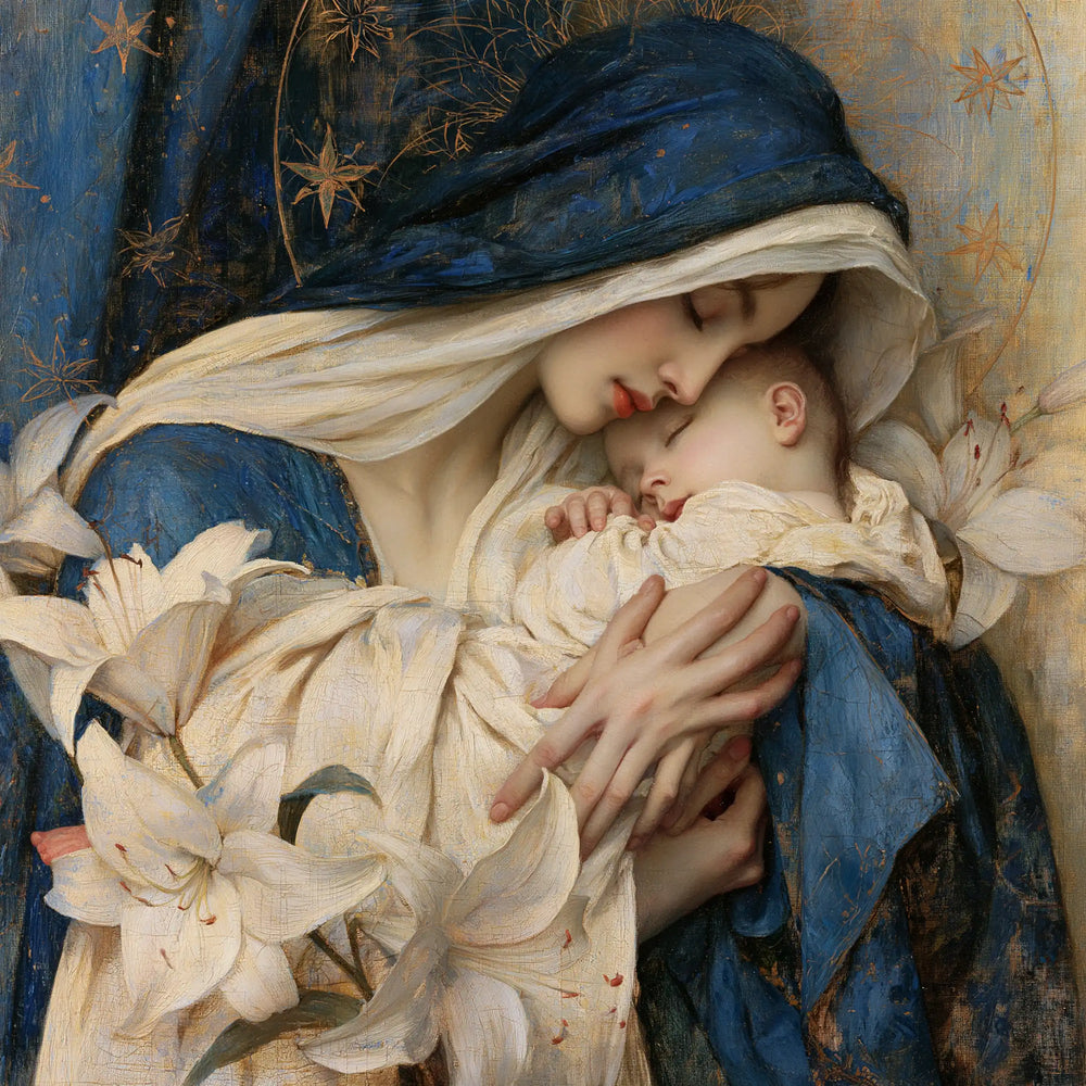 the Virgin Mary and the Child Jesus in Symbolist style, square Christian artwork no. 3