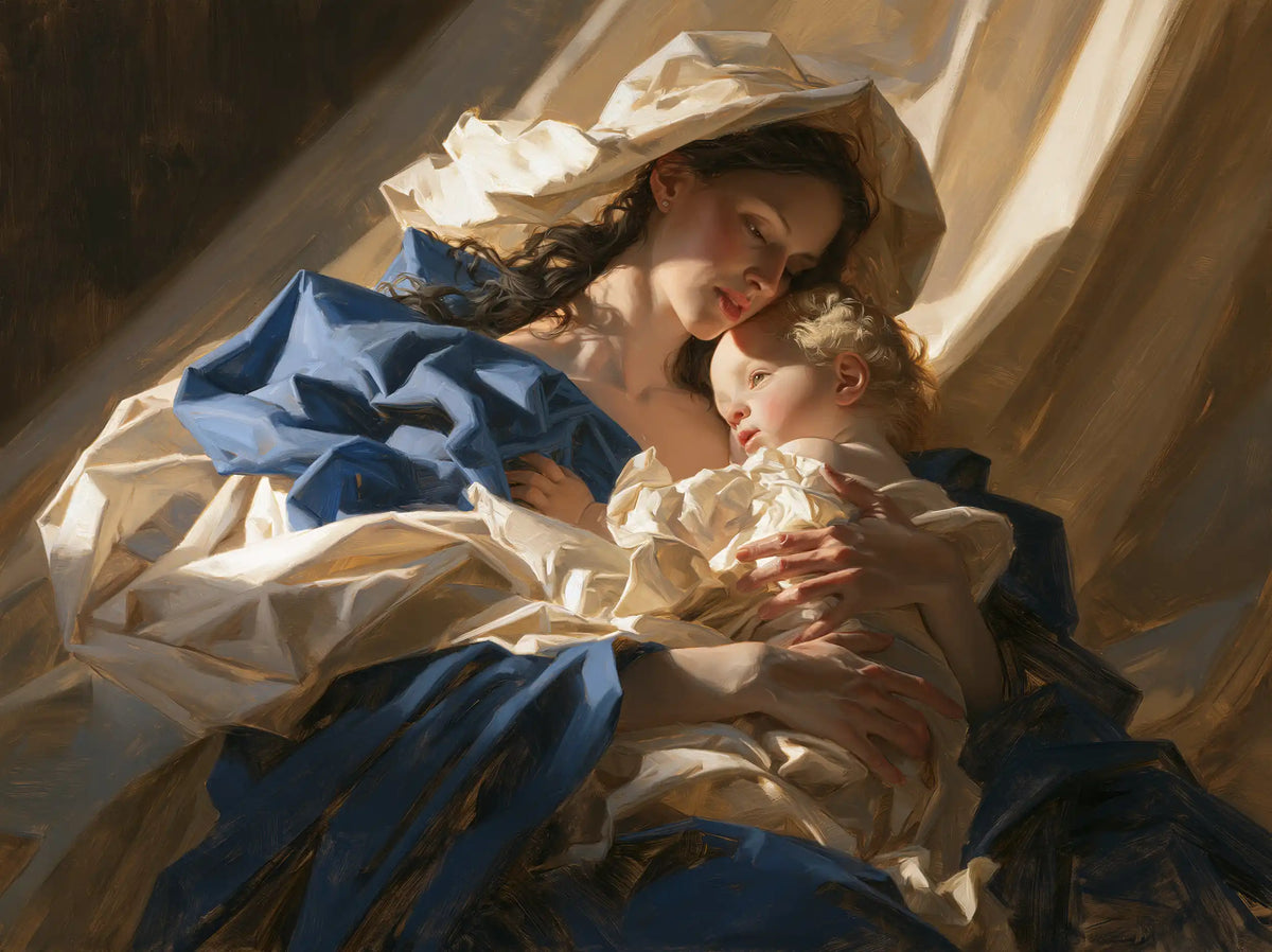 the Virgin Mary and the Child Jesus in Theatrical Baroque style, landscape Christian artwork no. 1