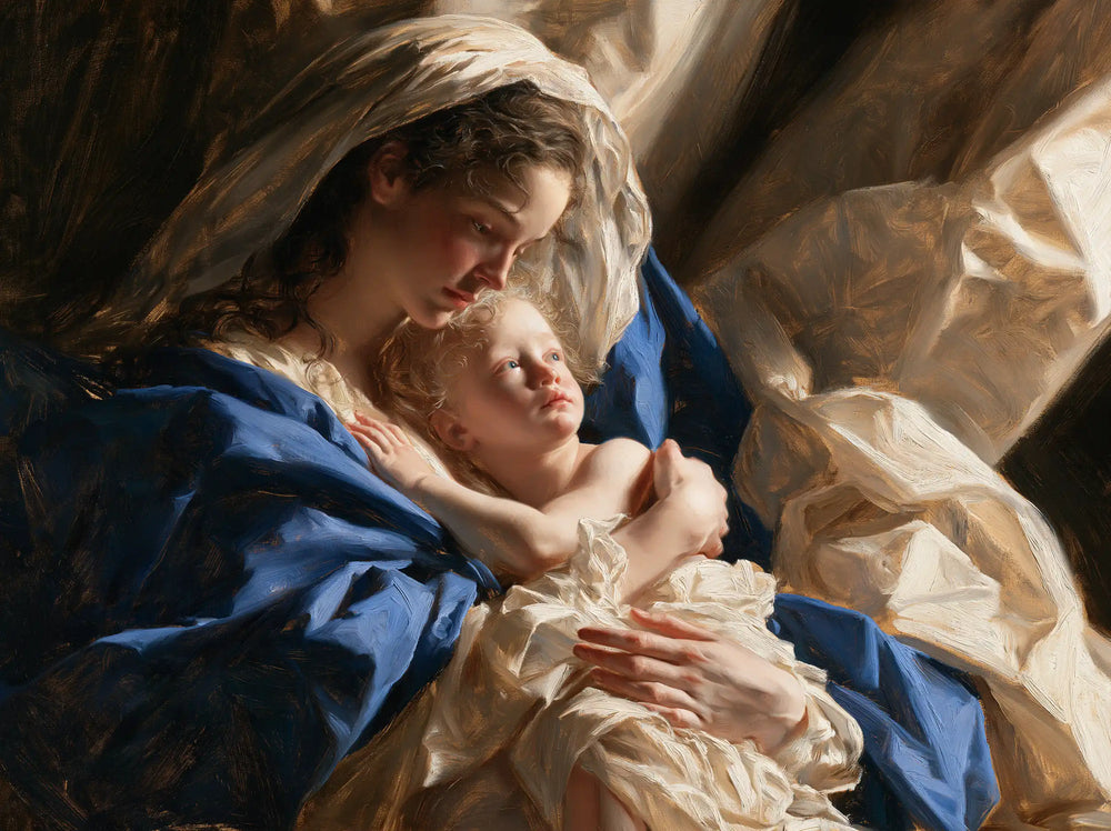 the Virgin Mary and the Child Jesus in Theatrical Baroque style, landscape Christian artwork no. 2