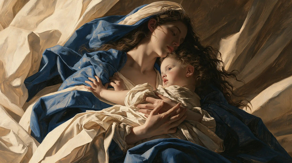 the Virgin Mary and the Child Jesus in Theatrical Baroque style, landscape Christian artwork no. 4