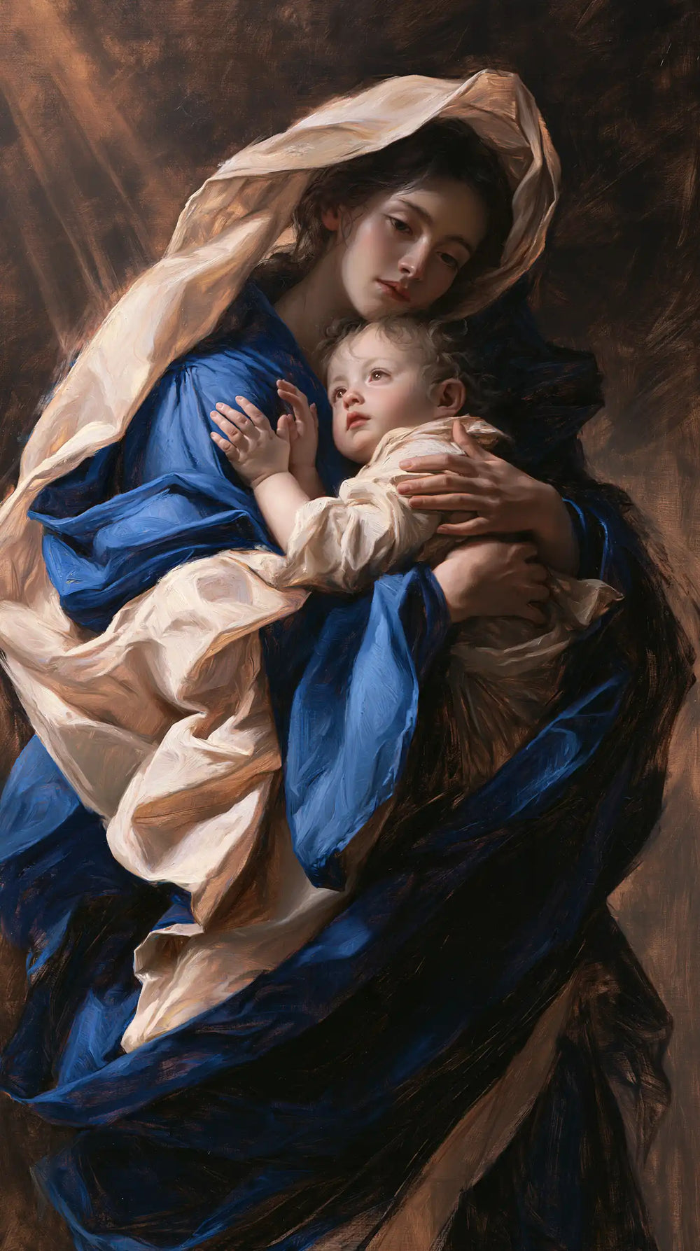 the Virgin Mary and the Child Jesus in Theatrical Baroque style, portrait Christian artwork no. 5