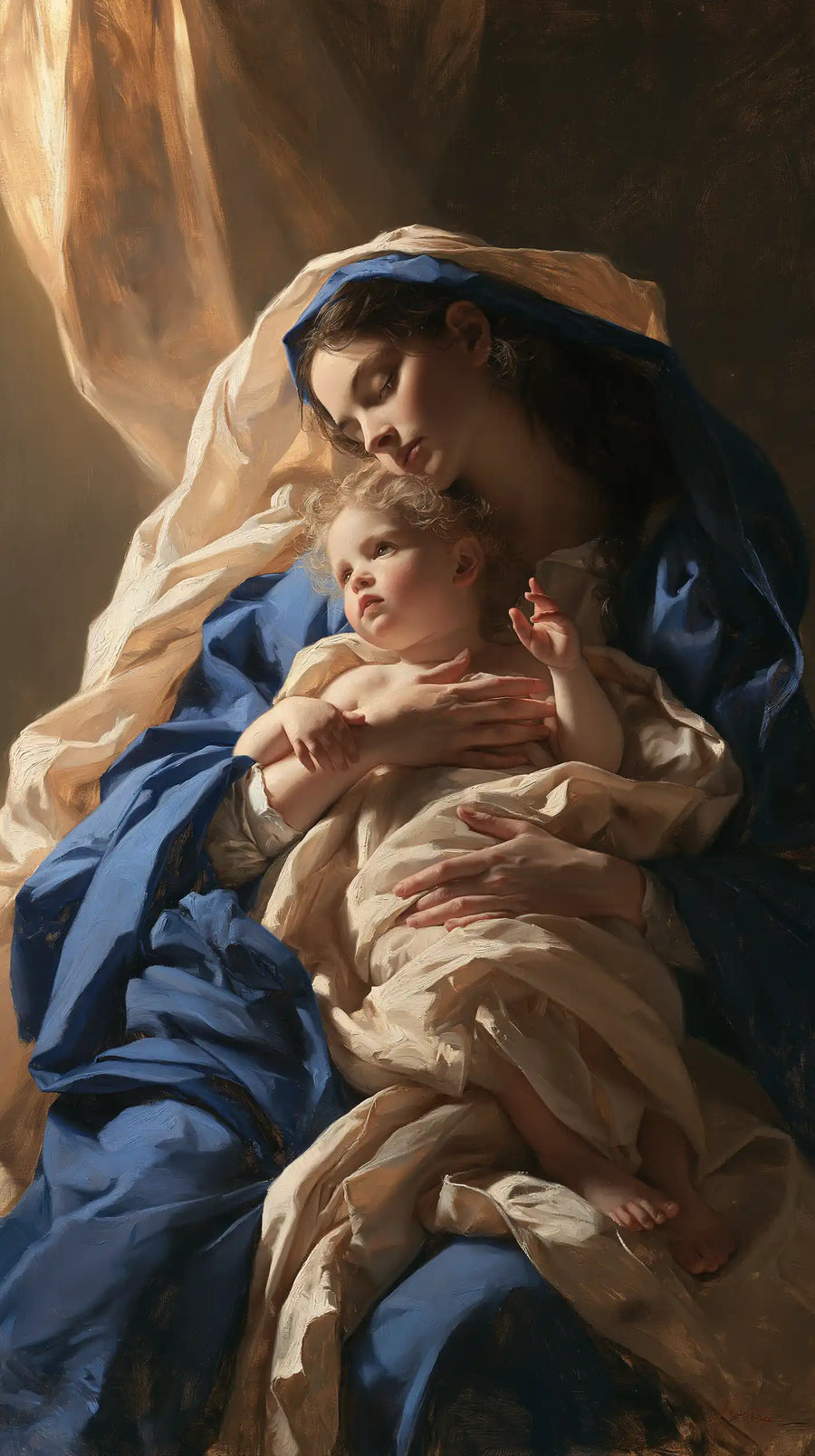 the Virgin Mary and the Child Jesus in Theatrical Baroque style, portrait Christian artwork no. 9