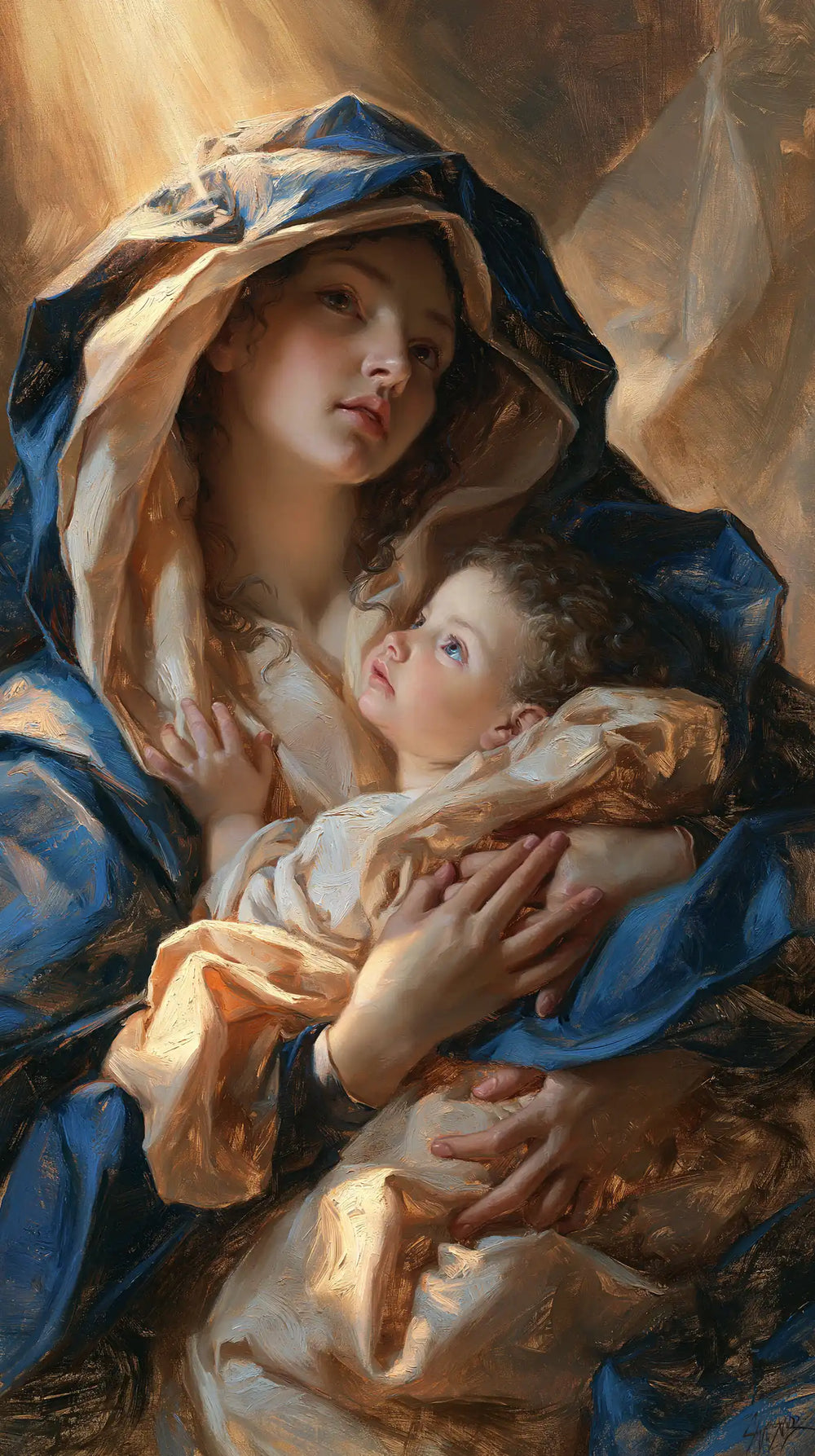the Virgin Mary and the Child Jesus in Theatrical Baroque style, portrait Christian artwork no. 21