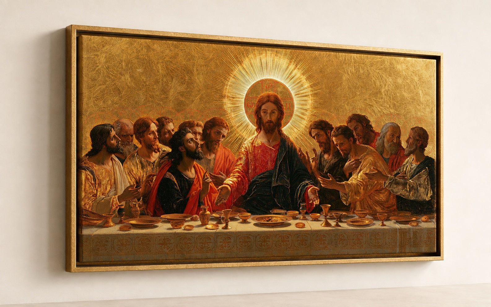 La stessa opera d'arte dell'Ultima Cena stampata su tela in una cornice galleggiante in oro antico