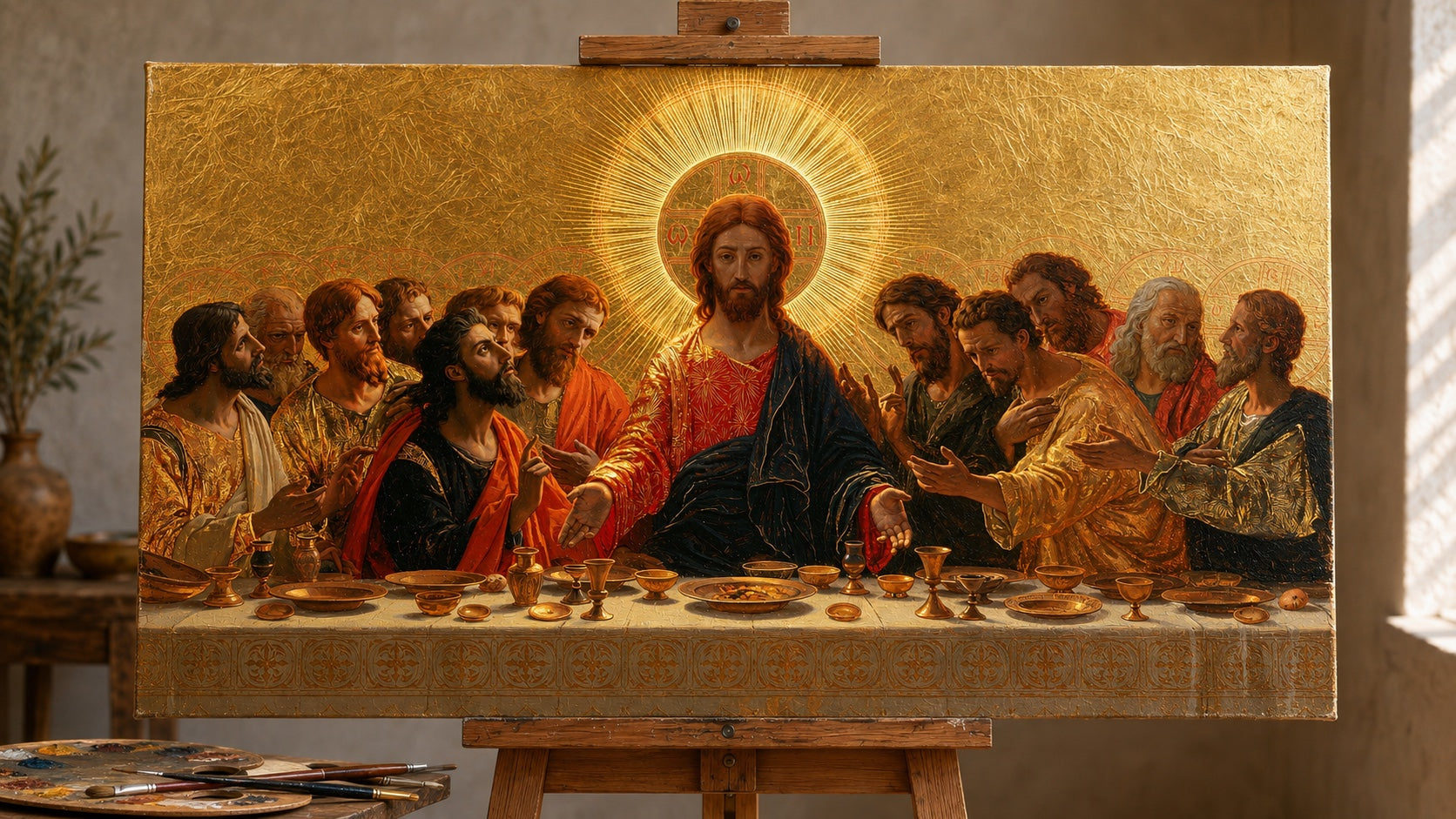 La stessa opera d'arte dell'Ultima Cena dipinta a mano ad olio su una tela senza cornice in studio