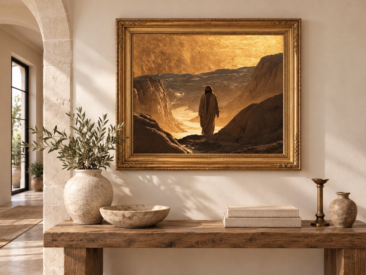 Gesù nel deserto — ambientazione d’interno con cornice dorata