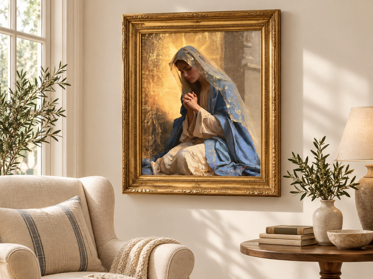 La Vergine Maria in preghiera — ambientazione d’interno con cornice dorata