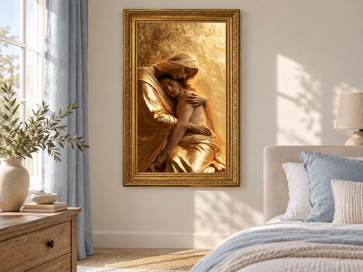 La Pietà — ambientazione d’interno con cornice dorata